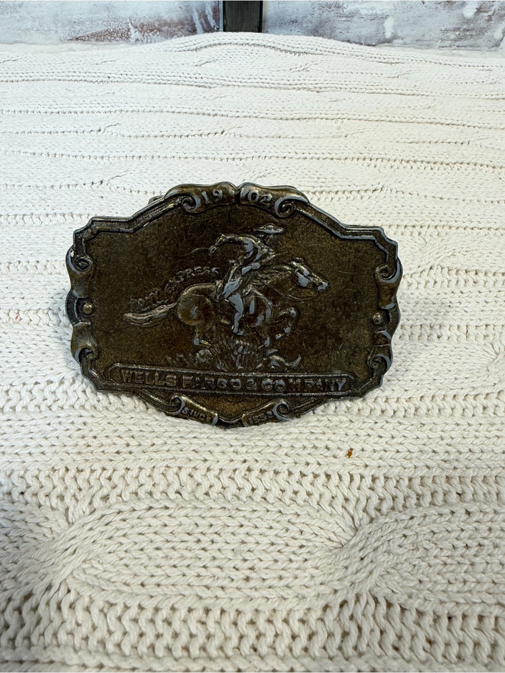 Wells Fargo Horse & Rider Decorative Belt Buckle - Antique Brass Finish